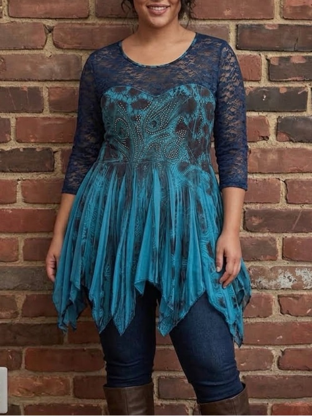 THE PYRAMID COLLECTION Navy and Teal Lace Handkerchief Hem Top 46 chest